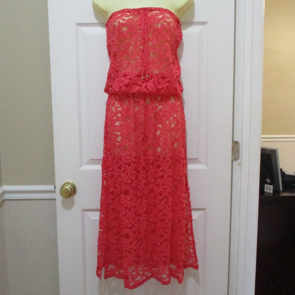Sheer Lace Strapless Summer Sundress Bright Coral Pink Coverup